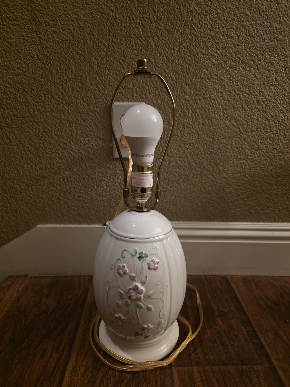 Belleek White Ceramic Lamp with Lavender Floral Accents and Gold Trim
